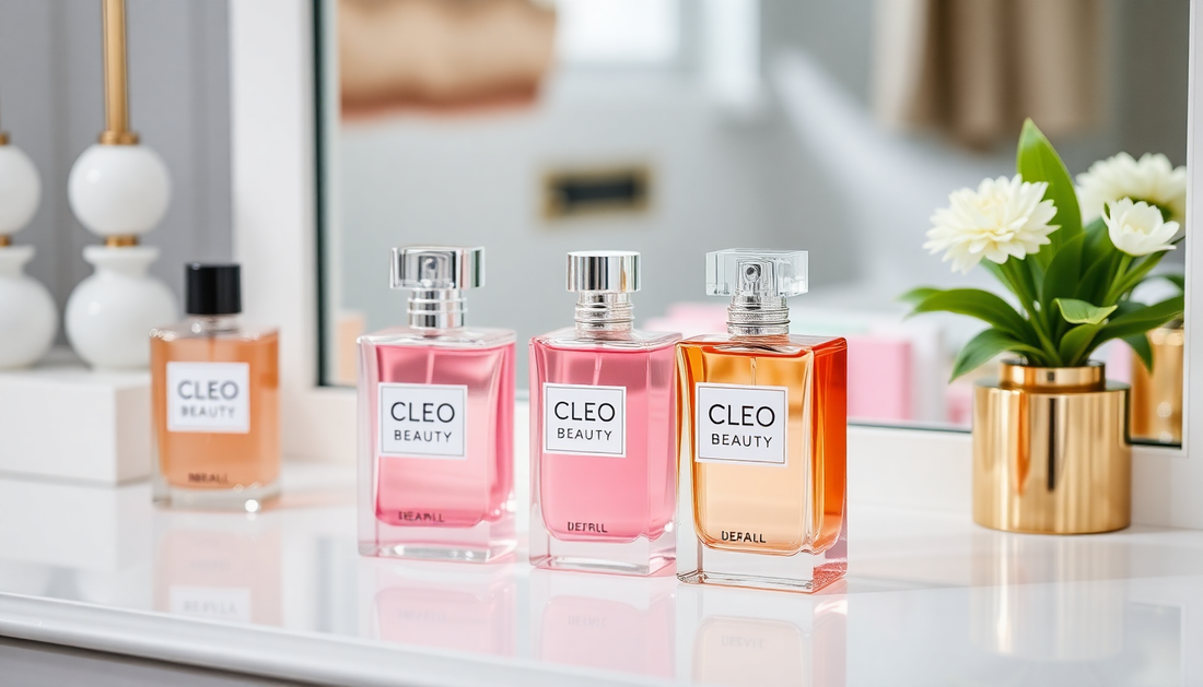 Elegant perfume bottles on a stylish vanity with our brand name CLEO BEAUTY mentioned on the bottles
