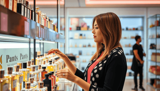A woman selecting perfume bottles in a chic store