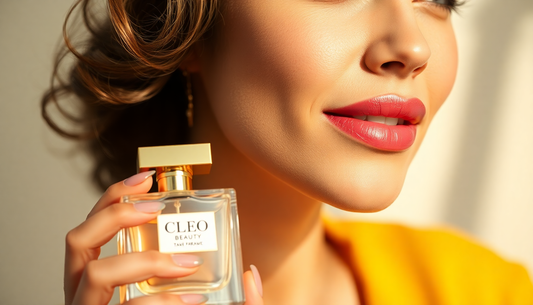 A woman confidently wearing a luxurious fragrance make it look real  mention our brand name CLEO BEAUTY on the same bottle in this image 
